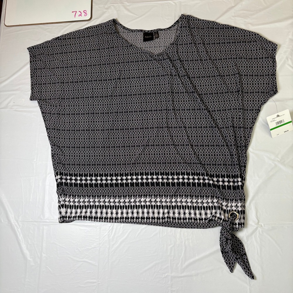 Rafaella Womens Black White Geometric Side Tie V-Neck Blouse Top NWT Size L